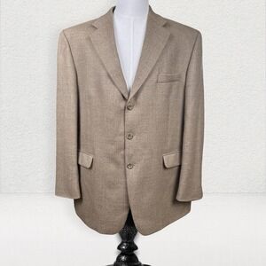 Stafford Executive Wool Cashmere Blend 3 Button Blazer Men 44R Beige Herringbone